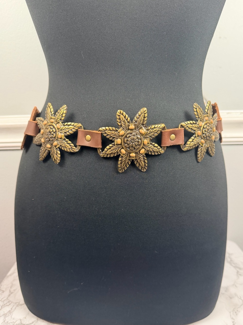 Vintage metal and leather brass shaped floral belt